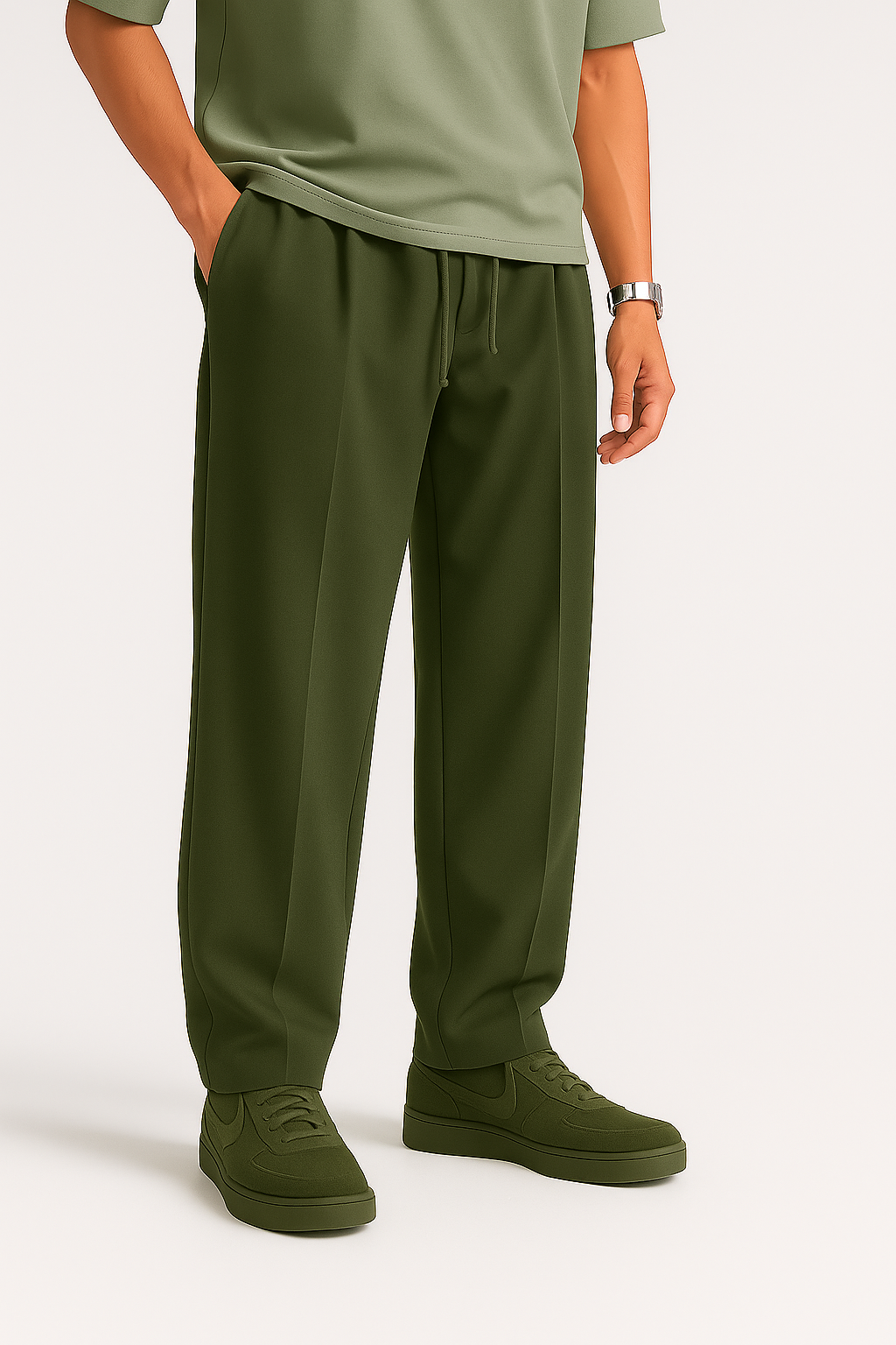 Olive Green Pleated Essential Trouser